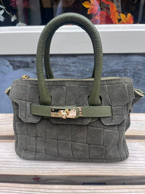 Leren/suède handtas - olijfgroen